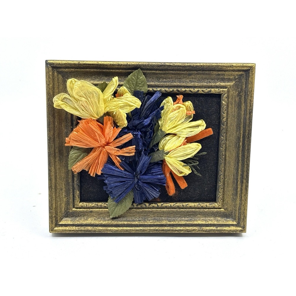 Vtg 1970s Straw Faux Floral Artwork Framed